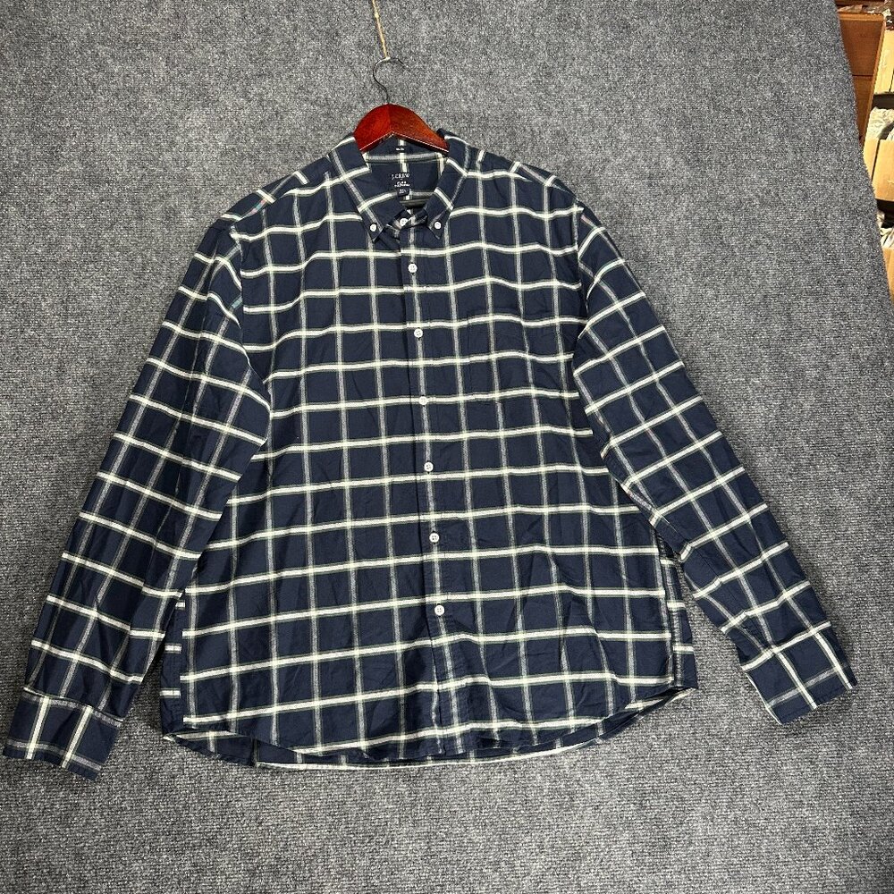 J Crew Shirt Mens XXL Slim Flex Oxford Blue White Cotton Plaid Button Down Pocke